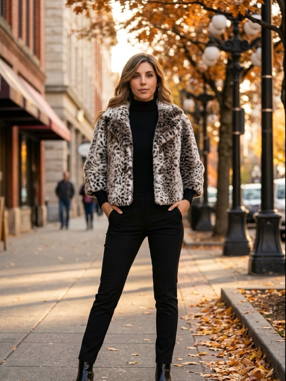 VENUS Leopard-Print Faux Fur Cropped 3/4 Sleeve Jacket in Gray and Black